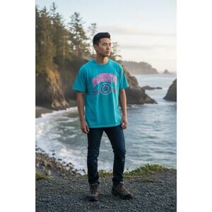 VTG Wellington Apparel XL Teal Pink Letters Washington DC Seal Single Stitch Tee